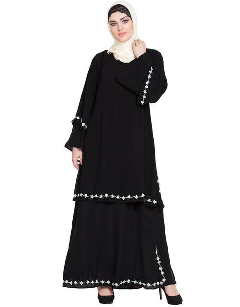 Chic Double Layer Bell Sleeve hand embroidered Abaya Black Women Online shopping USA